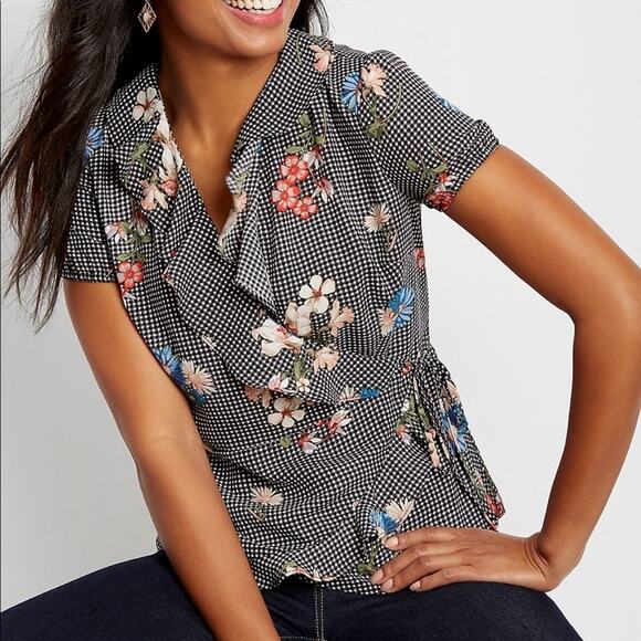 Sugar High Gingham Floral Ruffled Wrap Blouse Womens L Romantic Flutter Sleeve - Picture 1 of 14